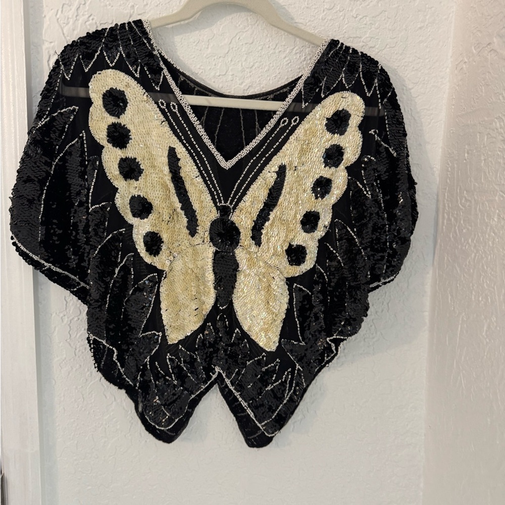 Vintage Black and Gold Butterfly Sequin Top